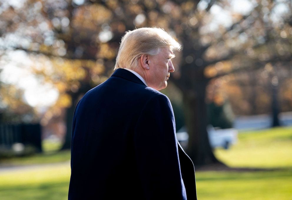 PHOTO: President Donald Trump walks to Marine One prior to departing from the South Lawn of the White House in Washington, DC, Dec. 7, 2018.