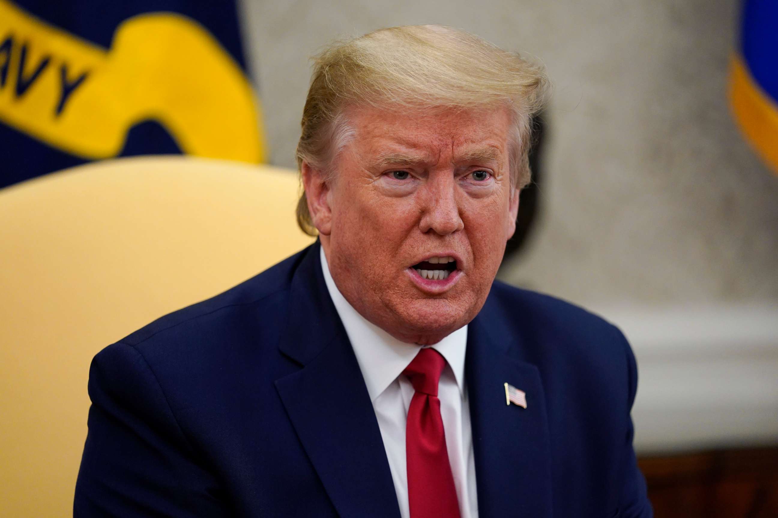 PHOTO: President Donald Trump speaks during a meeting about the coronavirus response with Gov. Greg Abbott, in the Oval Office of the White House, May 7, 2020, in Washington.