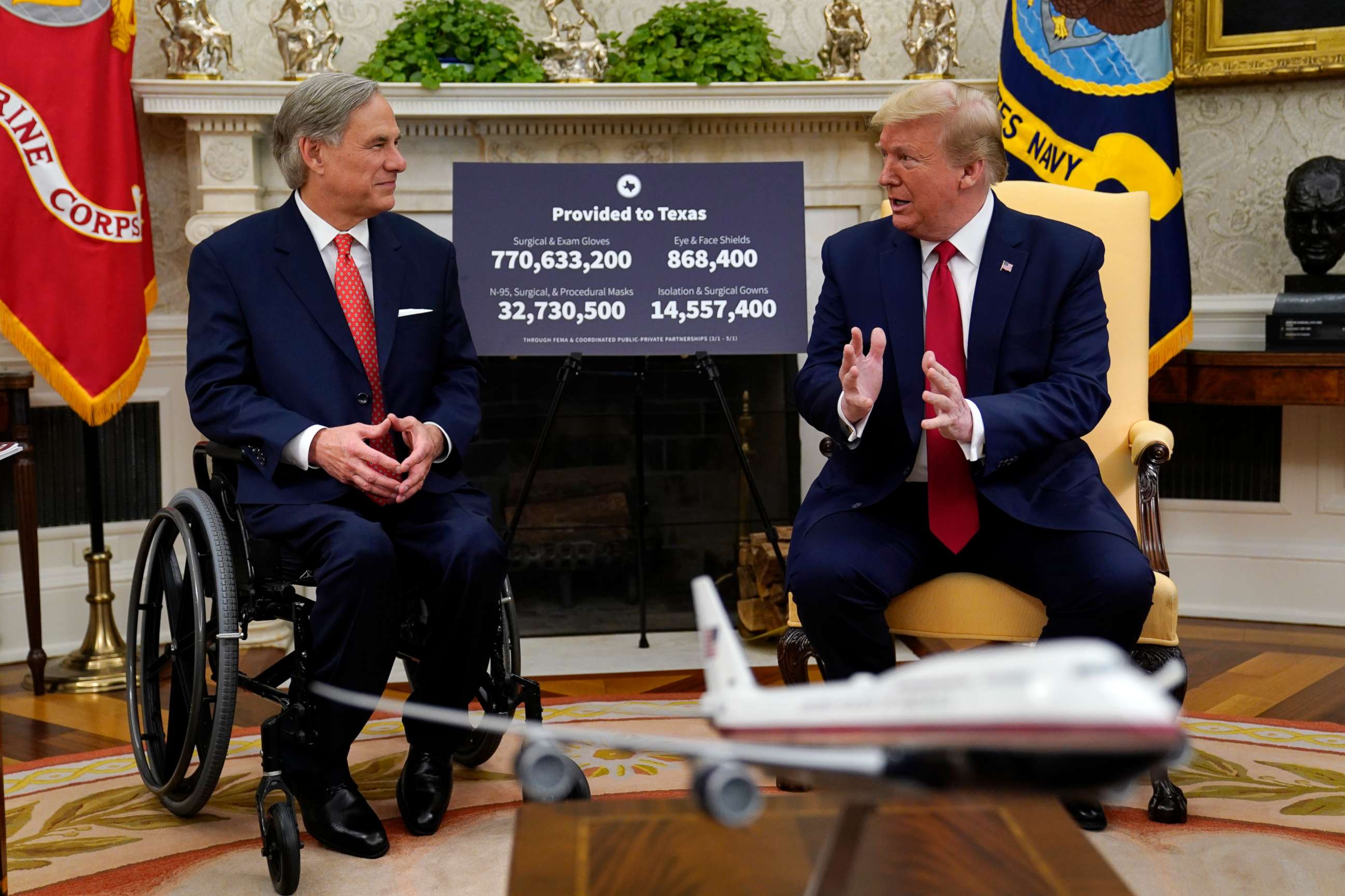PHOTO: President Donald Trump speaks during a meeting about the coronavirus response with Gov. Greg Abbott in the Oval Office of the White House, May 7, 2020, in Washington.