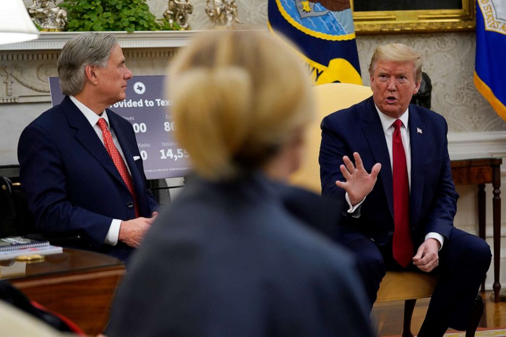 PHOTO: President Donald Trump speaks during a meeting about the coronavirus response with Gov. Greg Abbott in the Oval Office of the White House, May 7, 2020, in Washington.