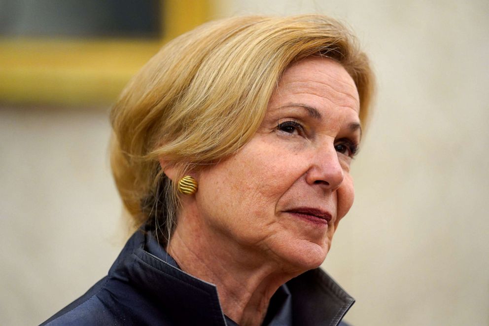 PHOTO: White House coronavirus response coordinator Dr. Deborah Birx listens as President Donald Trump holds a meeting about the coronavirus response with Gov. Greg Abbott in the Oval Office of the White House, May 7, 2020, in Washington.