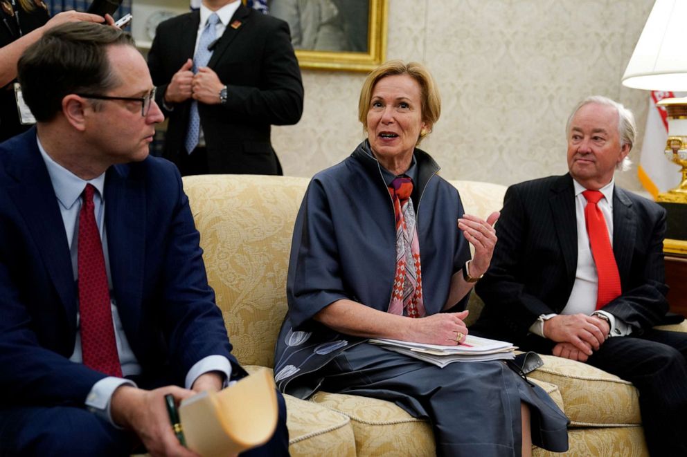 PHOTO: White House coronavirus response coordinator Dr. Deborah Birx speaks at a meeting with President Donald Trump and Texas Gov. Greg Abbott about the coronavirus response in the Oval Office of the White House, May 7, 2020, in Washington.