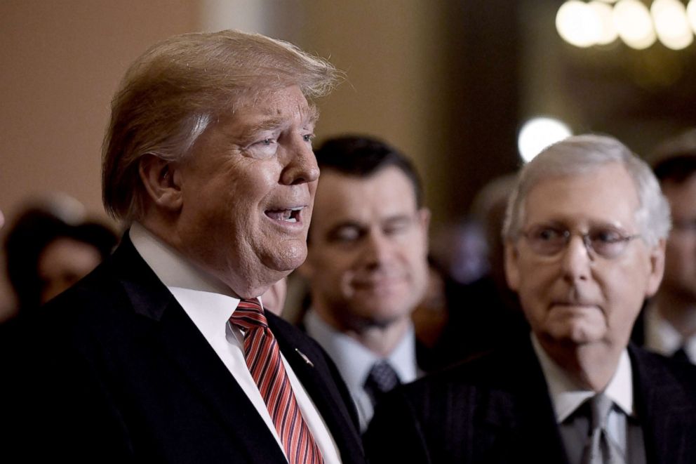 PHOTO: President Donald Trump talks to the press, as Senate Majority Leader Mitch McConnell looks on, after the Republican luncheon at the U.S. Capitol, Jan. 9, 2019, in Washington, DC.