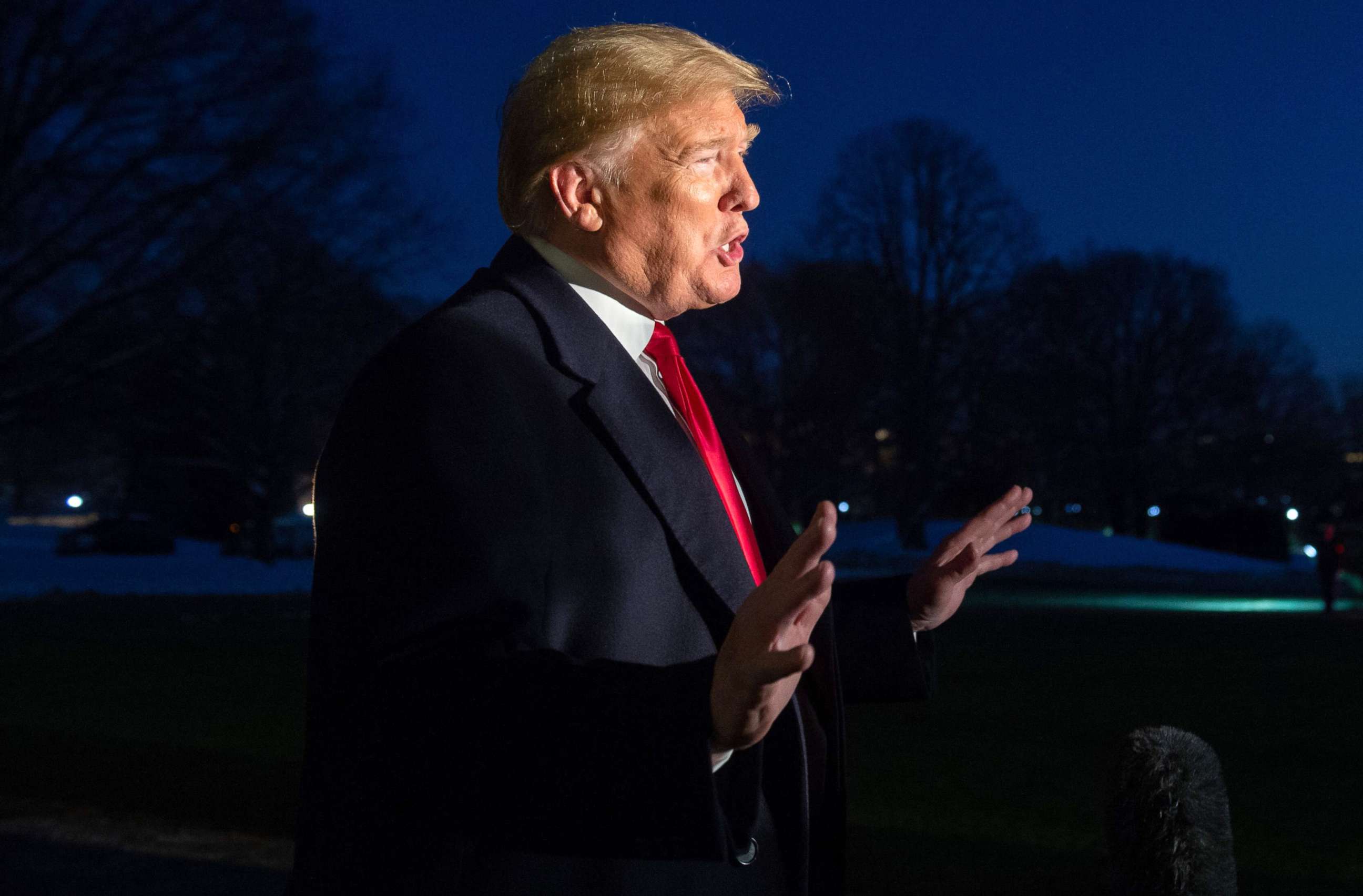 PHOTO: President Donald Trump speaks to the media on the South Lawn of the White House, Jan. 14, 2019.