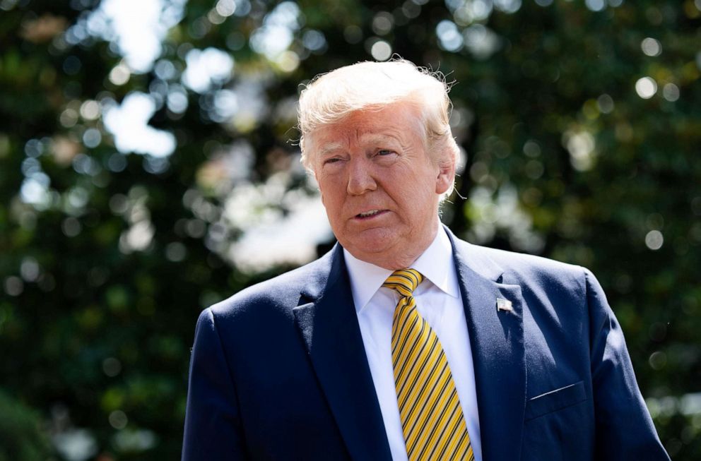 PHOTO: President Donald Trump speaks to the media prior to departing on Marine One from the South Lawn of the White House in Washington,DC, as he travels to Camp David, Maryland.