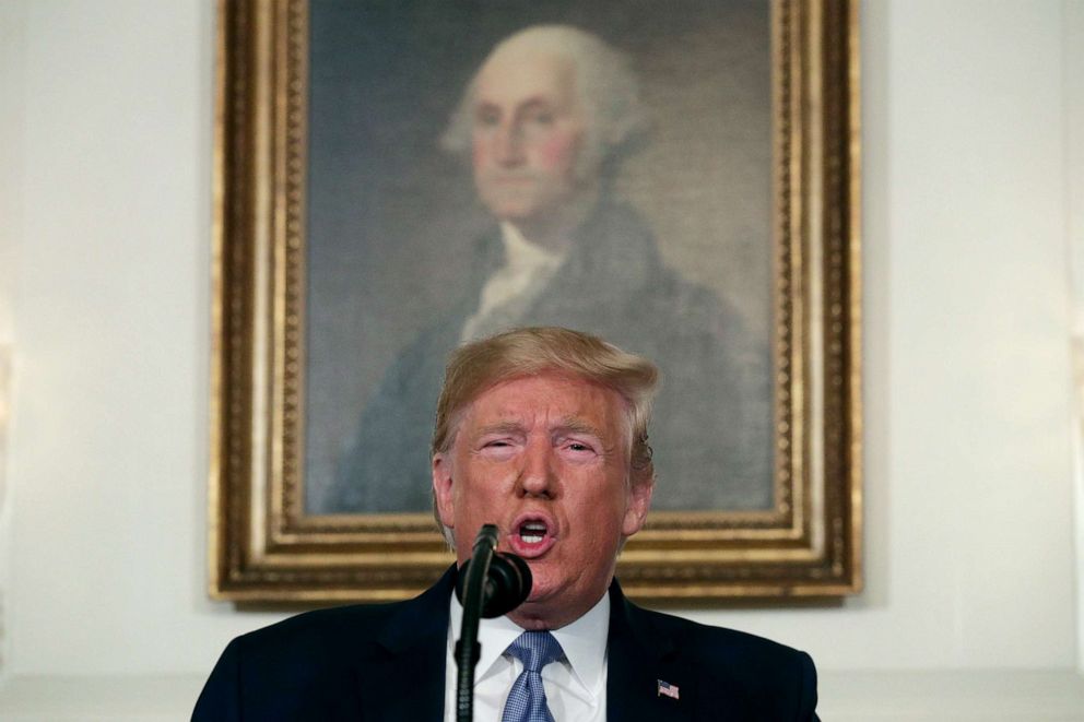 PHOTO: President Donald Trump makes remarks in the Diplomatic Reception Room of the White House, Aug. 5, 2019, in Washington, DC.