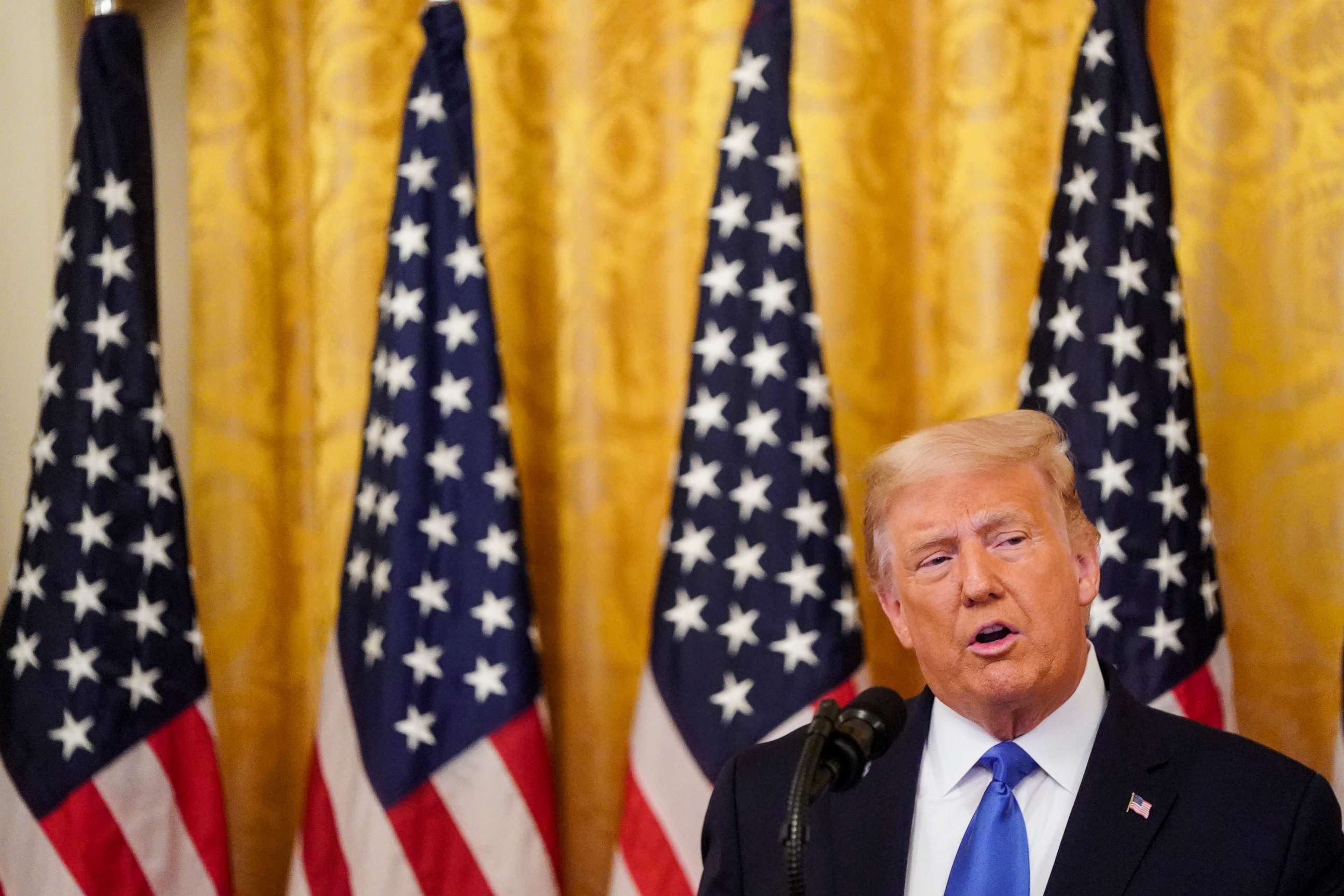 PHOTO: President Donald Trump delivers remarks in honor of Bay of Pigs Veterans in the East Room of the White House, Sept. 23, 2020, in Washington, DC.