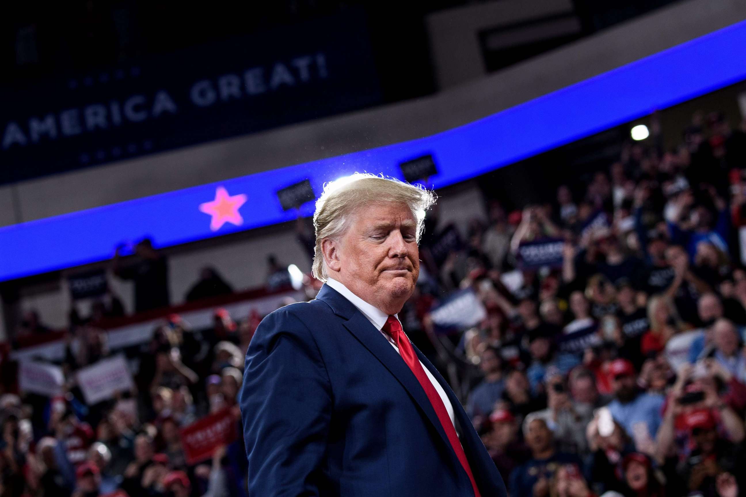 PHOTO: President Donald Trump arrives for a Keep America Great rally at the Giant Center in Hershey, Pennsylvania, Dec. 10, 2019.