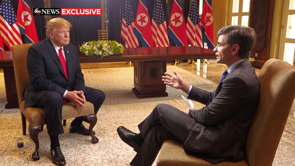 PHOTO: President Donald Trump sits with ABC News' George Stephanopoulos after a historic summit with North Korea's Kim Jong Un at the Capella Hotel on Sentosa island in Singapore, June 12, 2018.