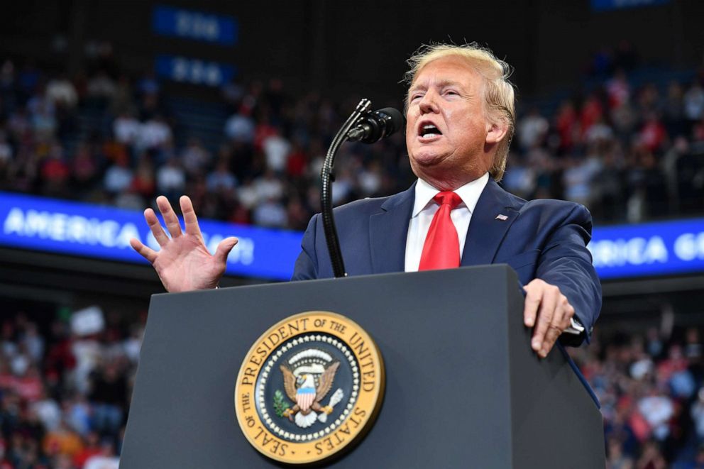 PHOTO: President Donald Trump gestures as he speaks during a rally at Rupp Arena in Lexington, Kentucky, Nov. 4, 2019.