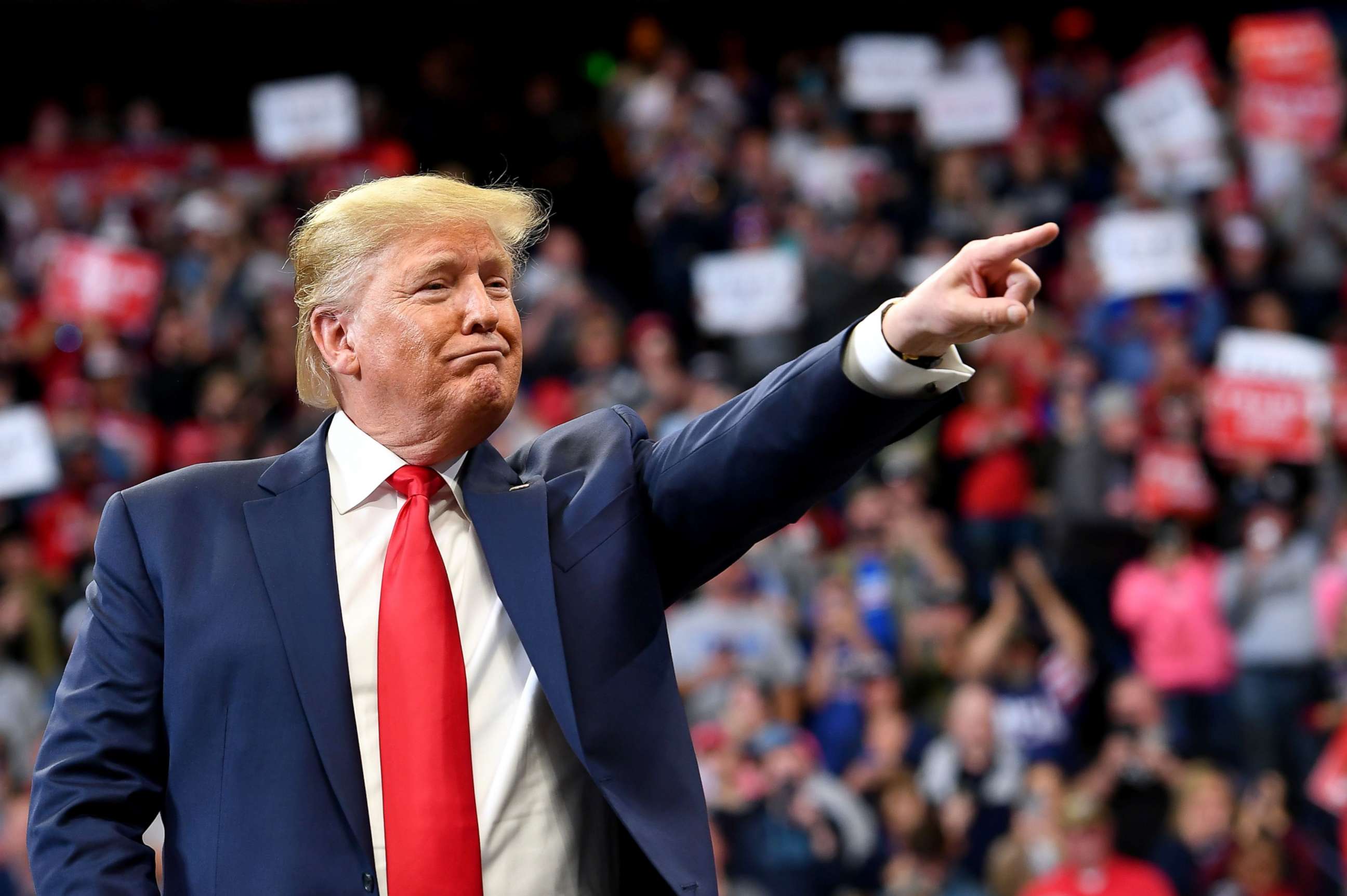 PHOTO: President Donald Trump points during a rally at Rupp Arena in Lexington, Kentucky, Nov. 4, 2019.