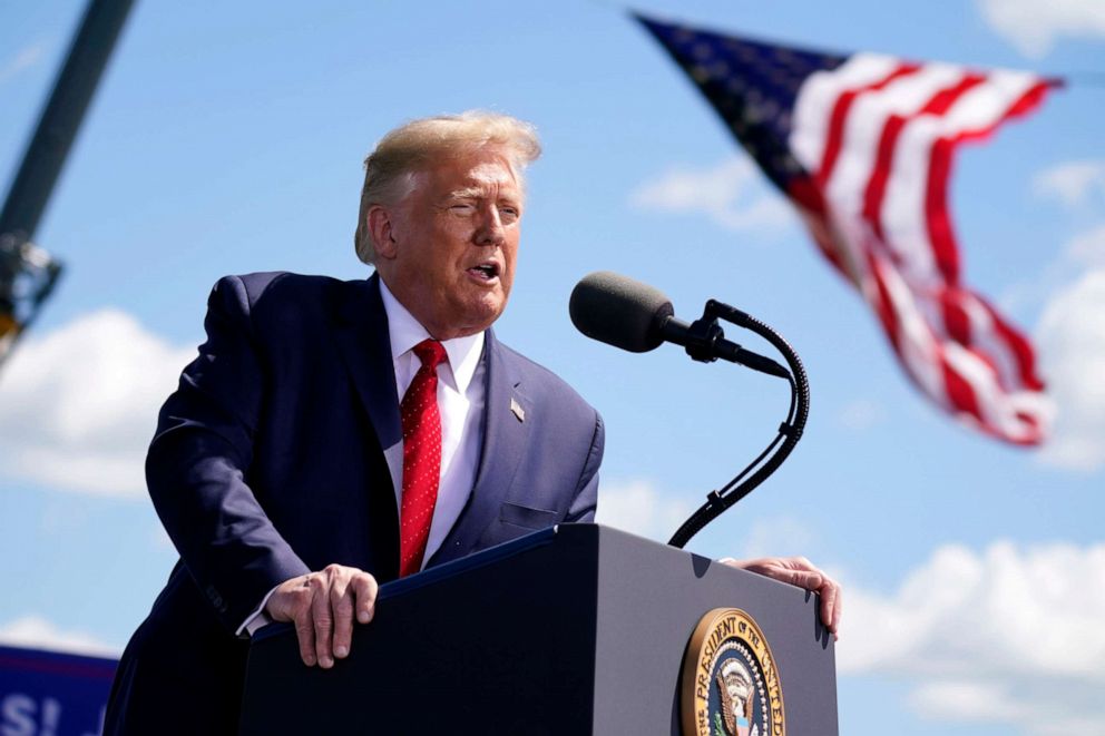 PHOTO: PPresident Donald Trump speaks to a crowd of supporters at Mankato Regional Airport, Aug. 17, 2020, in Mankato, Minn.