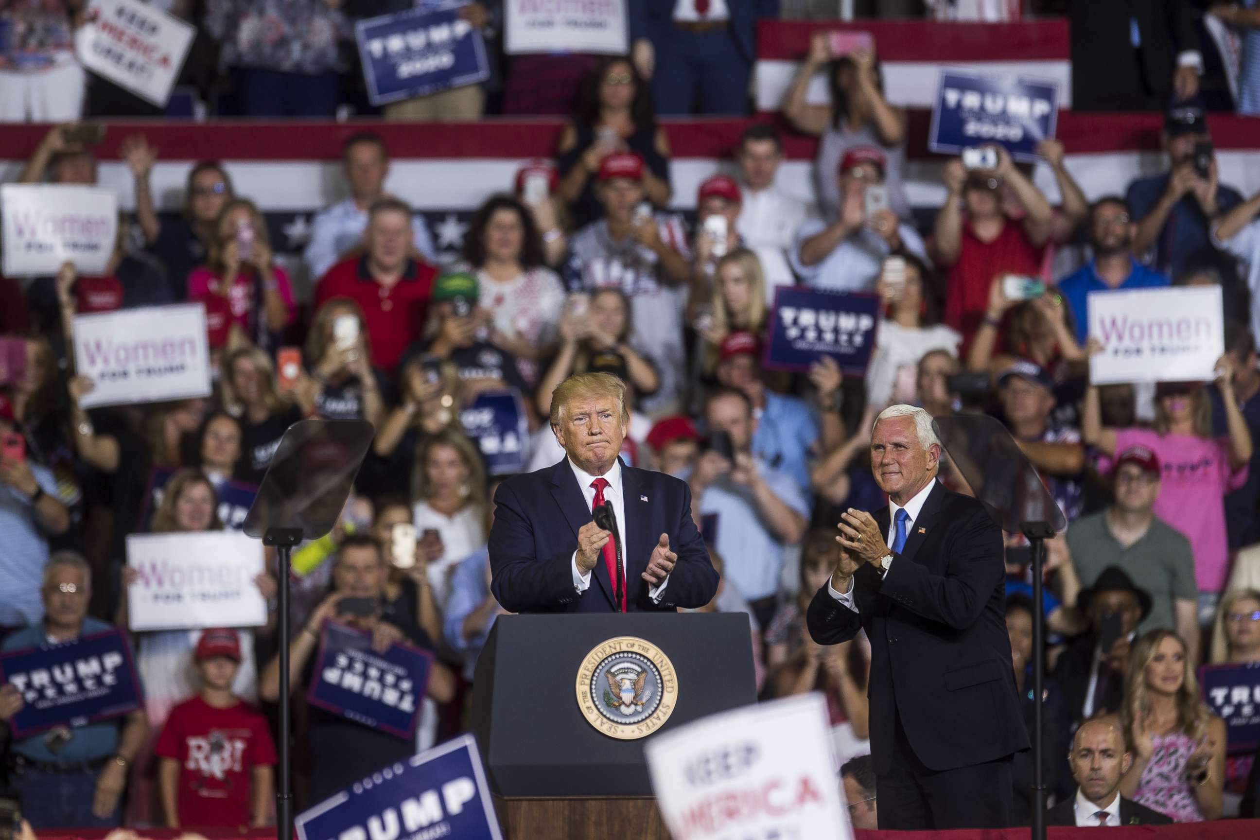 PHOTO: President Donald Trump takes the podium before speaking during a Keep America Great rally, July 17, 2019, in Greenville, North Carolina.