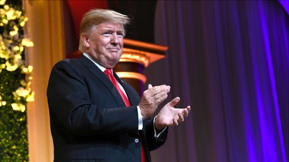 PHOTO: President Donald Trump arrives to speak at the National Republican Congressional Committee's annual spring dinner in Washington, April 2, 2019.
