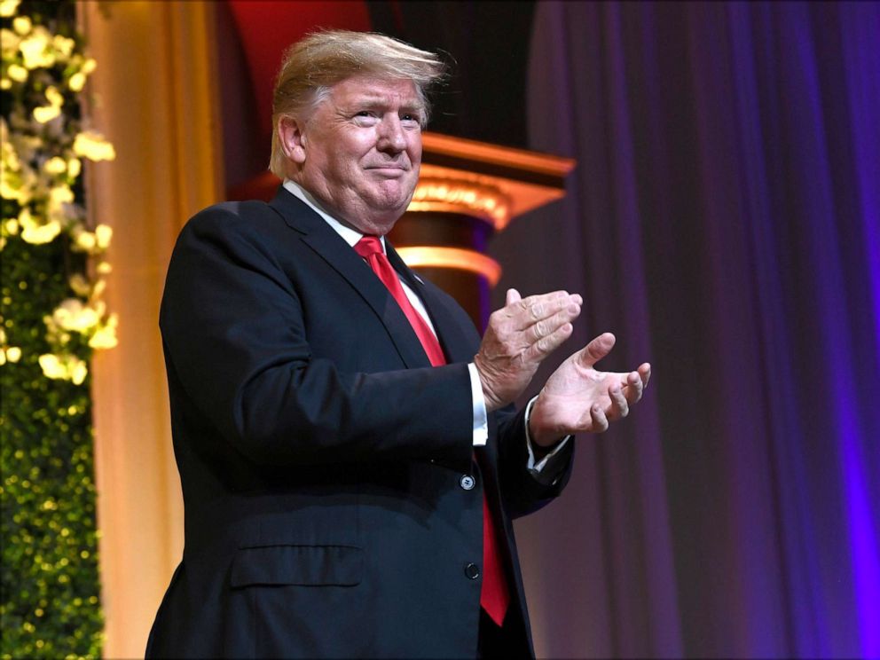 PHOTO: President Donald Trump arrives to speak at the National Republican Congressional Committees annual spring dinner in Washington, April 2, 2019.