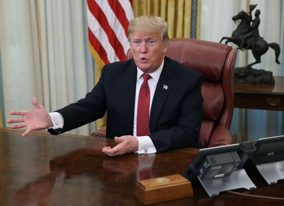 PHOTO: President Donald Trump speaks during a meeting with Chinese Vice Premier Liu He, in the Oval Office at the White House, Jan. 31, 2019.