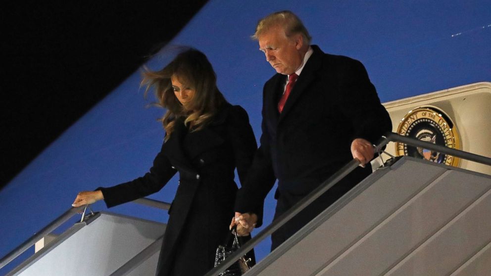PHOTO: President Donald Trump and first lady Melania Trump alight from Air Force One, after arriving at Orly airport near Paris, FNov. 9, 2018.