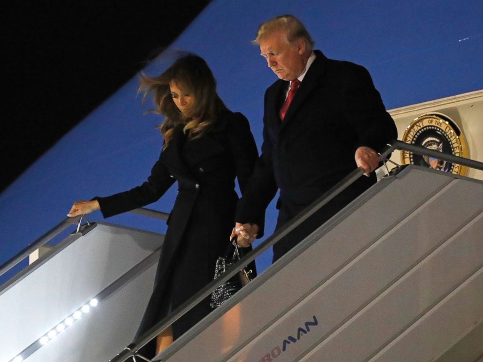 PHOTO: President Donald Trump and first lady Melania Trump alight from Air Force One, after arriving at Orly airport near Paris, FNov. 9, 2018.