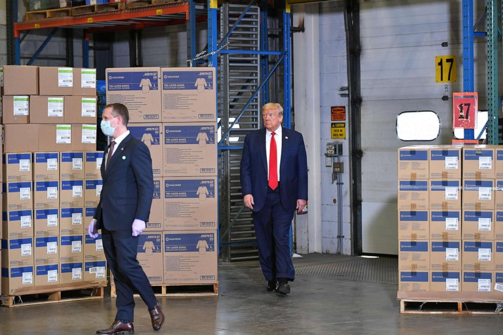 PHOTO: President Donald Trump arrives to tour an Owens & Minor, Inc., medical supplies distribution center in Allentown, Pa., May 14, 2020.