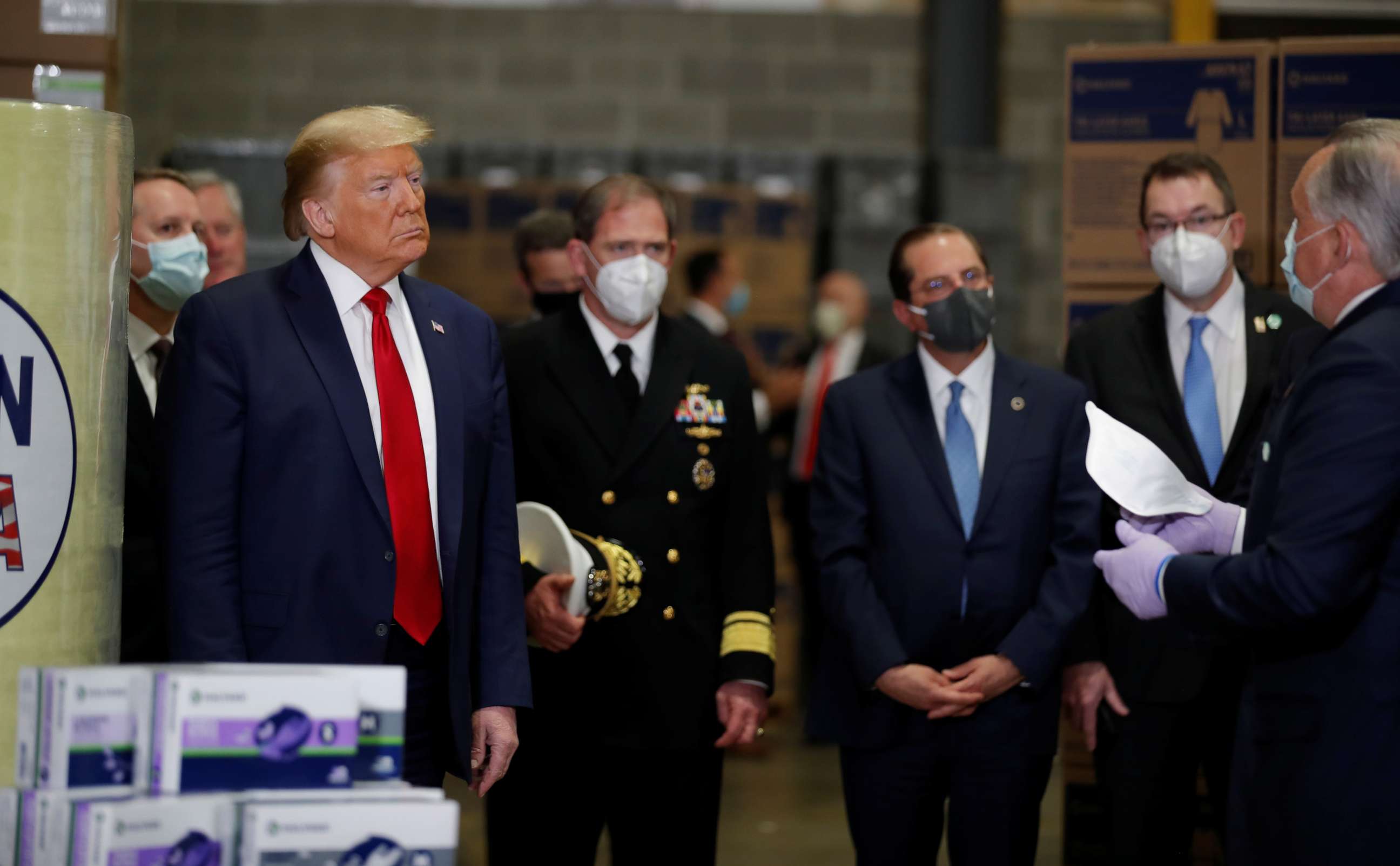 PHOTO: President Donald Trump tours medical equipment distributor Owens & Minor during the coronavirus disease pandemic in Allentown, Pa., May 14, 2020.
