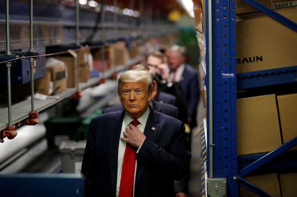 PHOTO: President Donald Trump tours medical equipment distributor Owens & Minor in Allentown, Pa., May 14, 2020.