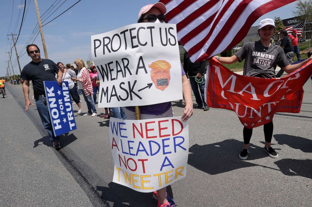 PHOTO: Protesters gather outside the warehouse of medical equipment distributor Owens & Minor prior to a visit by President Donald Trump in Allentown, Pa., May 14, 2020.