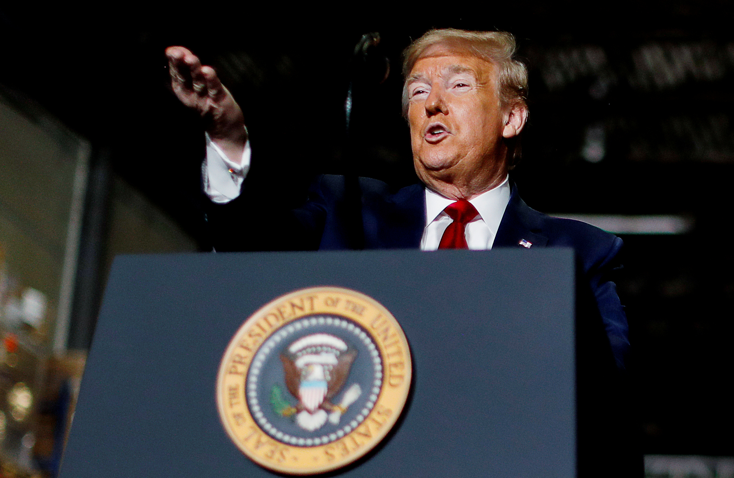 PHOTO: President Donald Trump speaks at medical equipment distributor Owens & Minor during the coronavirus disease pandemic in Allentown, Pa., May 14, 2020.