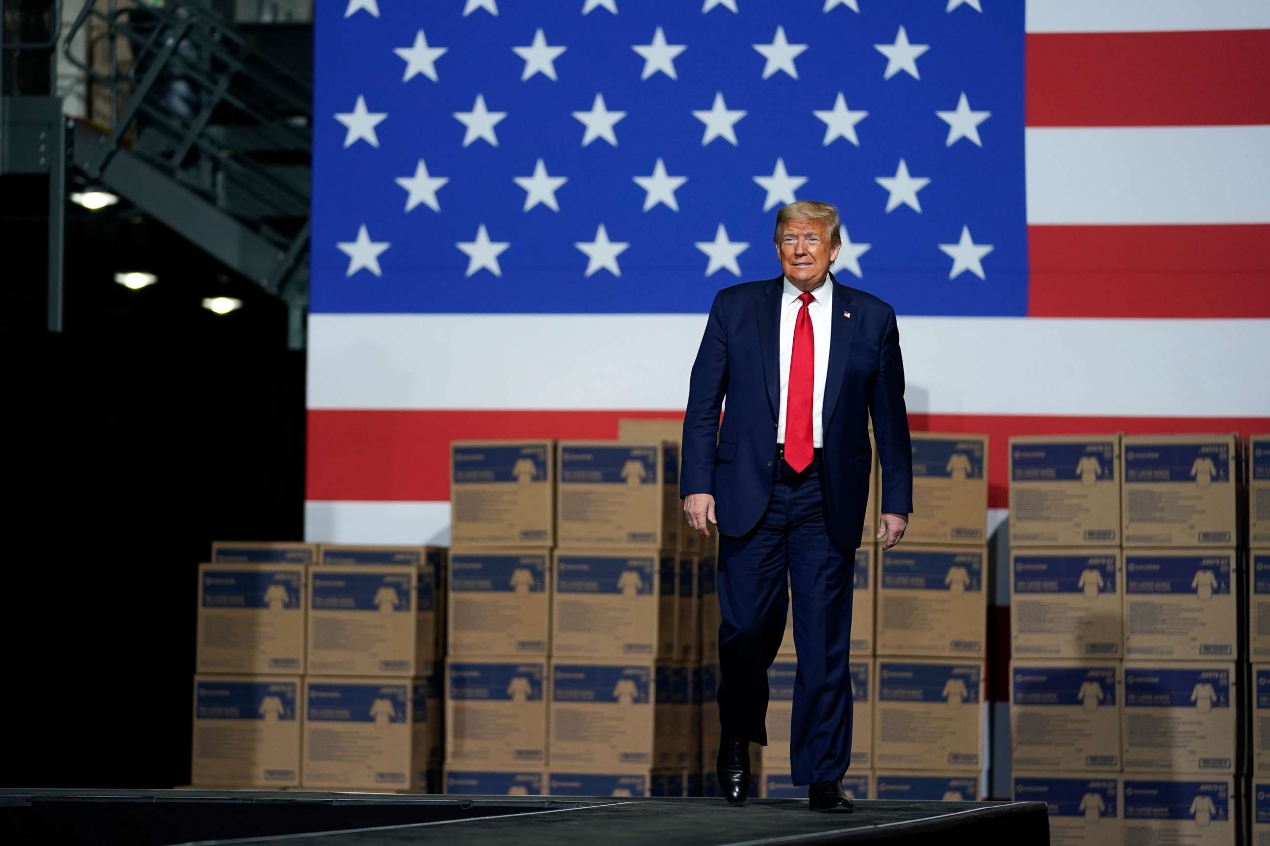 PHOTO: President Donald Trump arrives to speak after a tour of Owens & Minor Inc., a medical supply company, May 14, 2020, in Allentown, Pa.