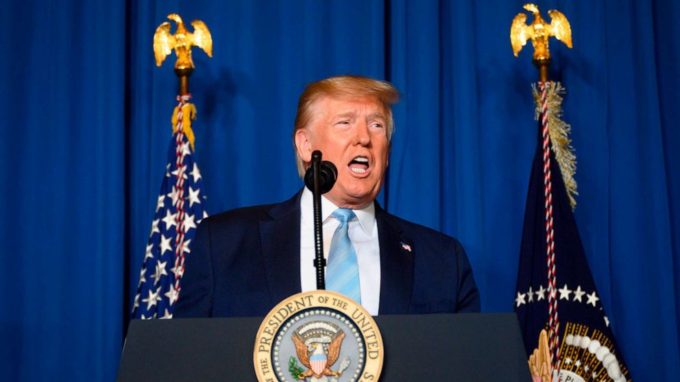 PHOTO: President Donald Trump makes a statement on Iran at the Mar-a-Lago estate in Palm Beach Florida, Jan. 3, 2020.