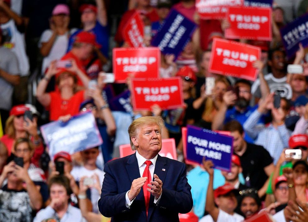 PHOTO: President Donald Trump gestures after a rally at the Amway Center in Orlando, Florida to officially launch his 2020 campaign, June 18, 2019.