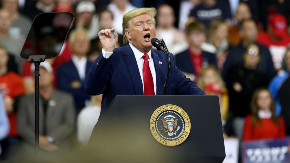 PHOTO: President Donald Trump speaks on stage during a campaign rally at the Target Center, Oct. 10, 2019 in Minneapolis, Minnesota.