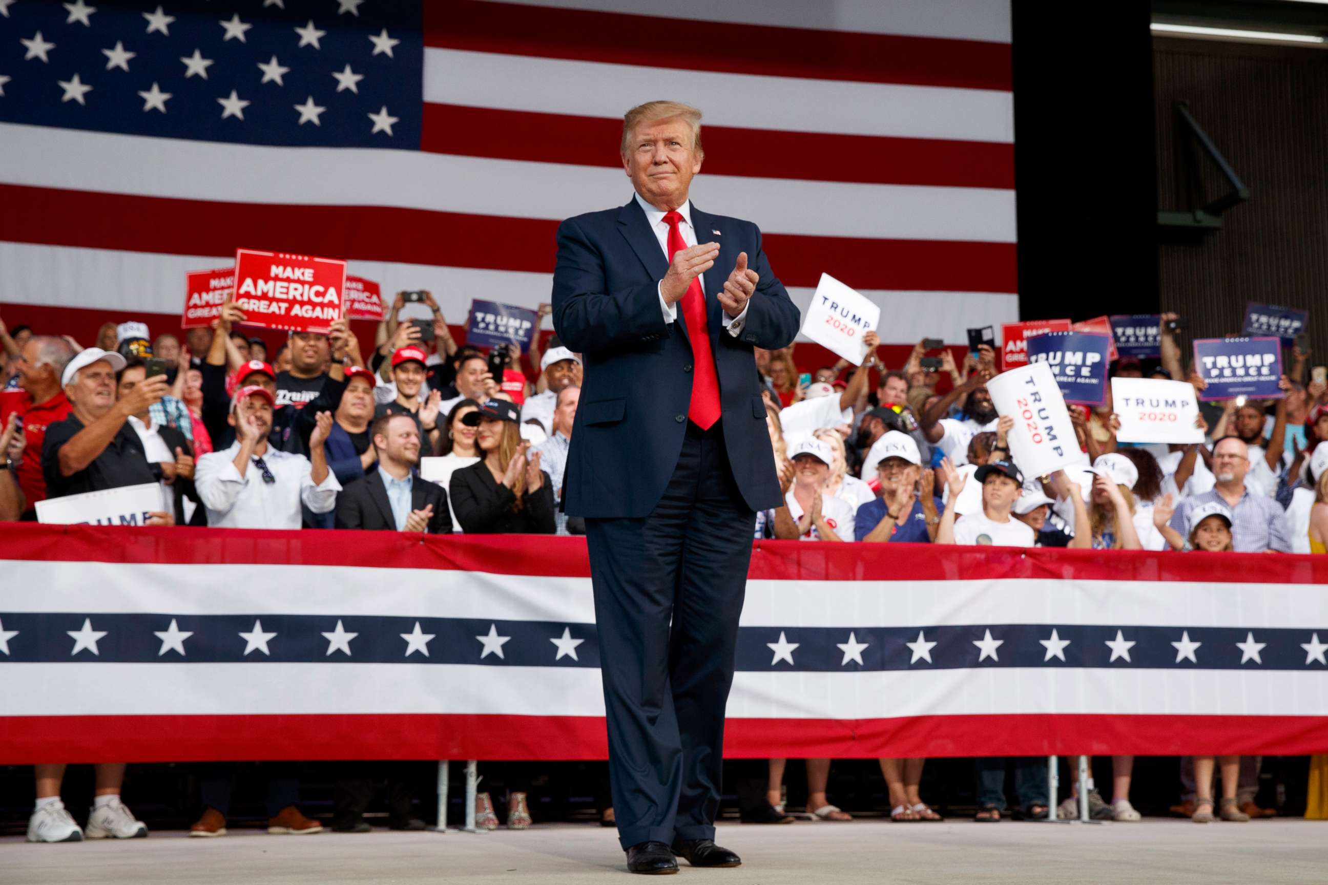 PHOTO: President Donald Trump arrives to speak at a rally at Aaron Bessant Amphitheater, May 8, 2019, in Panama City Beach, Fla.