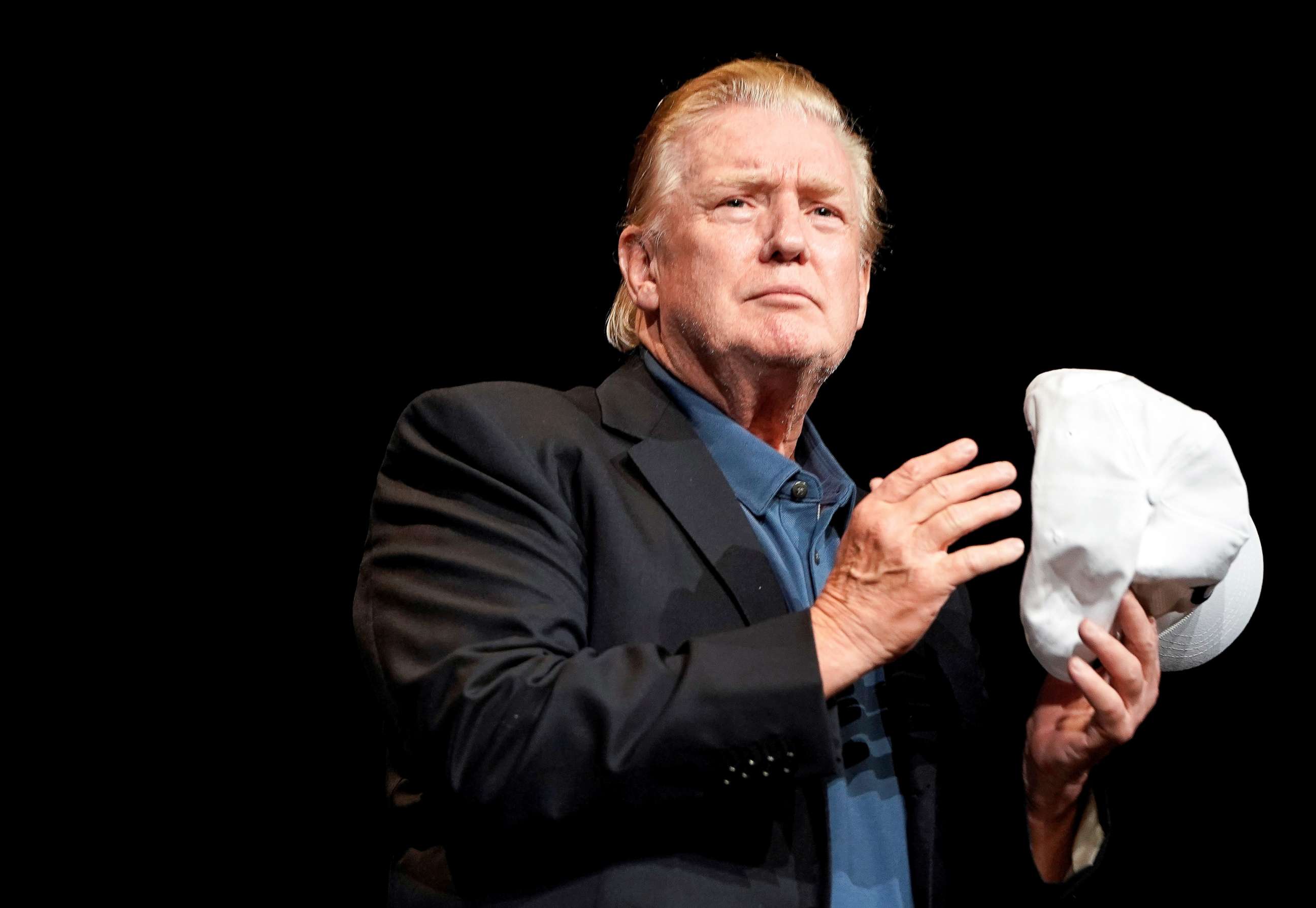 PHOTO: President Donald Trump gestures after Pastor David Platt prayed for him at the McLean Bible Church, in Vienna, Virginia, June 2, 2019.