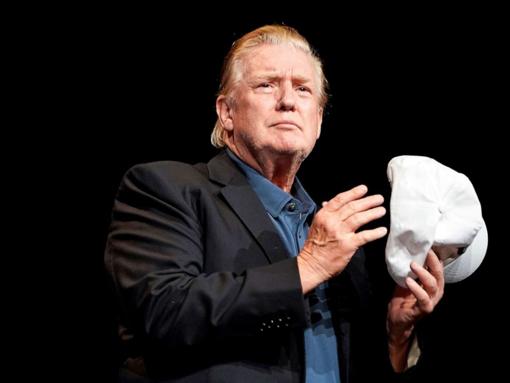 PHOTO: The gestures of President Donald Trump after Pastor David Platt prayed for him at the McLean Bible Church in Vienna, Virginia on June 2, 2019.