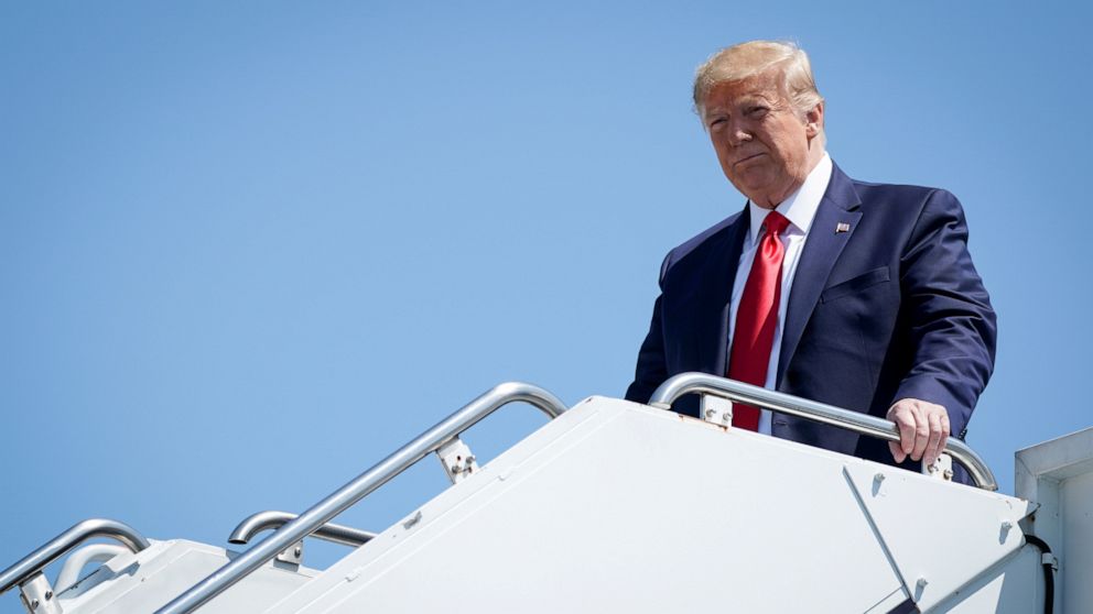 PHOTO: President Donald Trump arrives to Francis S. Gabreski Airport in Westhampton, New York for a fundraising luncheon to benefit his reelection campaign and the Republican National Committee in Southampton, New York, Aug. 9, 2019.
