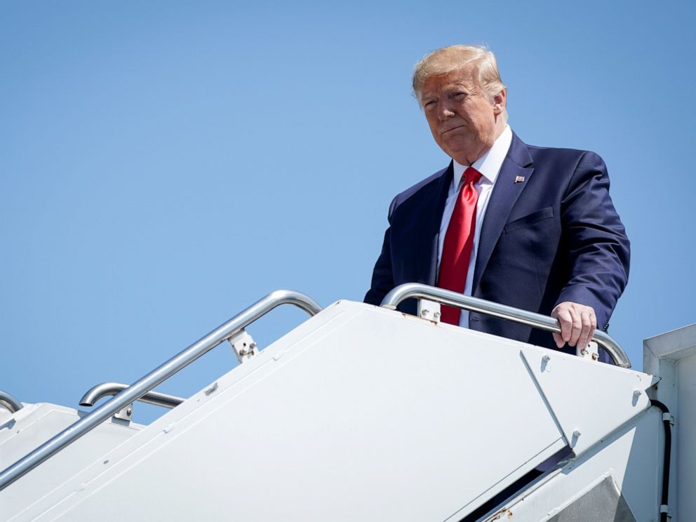 PHOTO: President Donald Trump arrives to Francis S. Gabreski Airport in Westhampton, New York for a fundraising luncheon to benefit his reelection campaign and the Republican National Committee in Southampton, New York, Aug. 9, 2019.