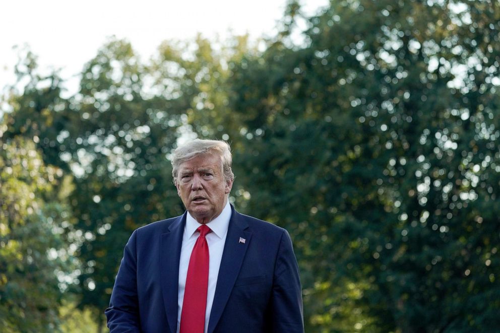 PHOTO: President Donald Trump walks to address the media before boarding Marine One for a trip to New Mexico, on the South Lawn of the White House in Washington, Sept.ember 16, 2019.