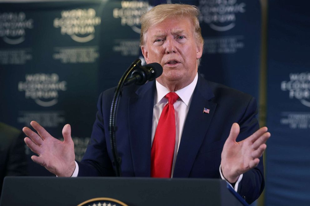 PHOTO: President Donald Trump gestures as he holds a news conference at the 50th World Economic Forum (WEF) in Davos, Switzerland, Jan. 22, 2020.