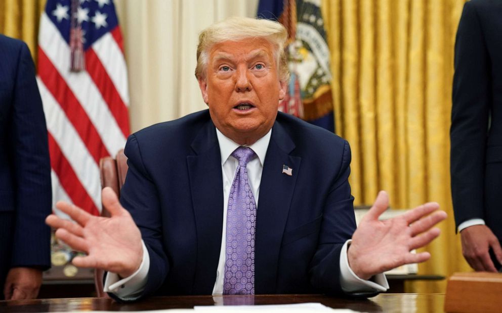 PHOTO: President Donald Trump speaks about a peace deal reached between Israel and the United Arab Emirates from the Oval Office at the White House in Washington, Aug. 13, 2020.