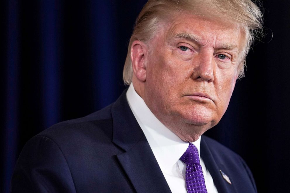 PHOTO: President Donald Trump speaks during a news conference at Trump National Golf Club in Bedminster, New Jersey, Aug. 15, 2020. 