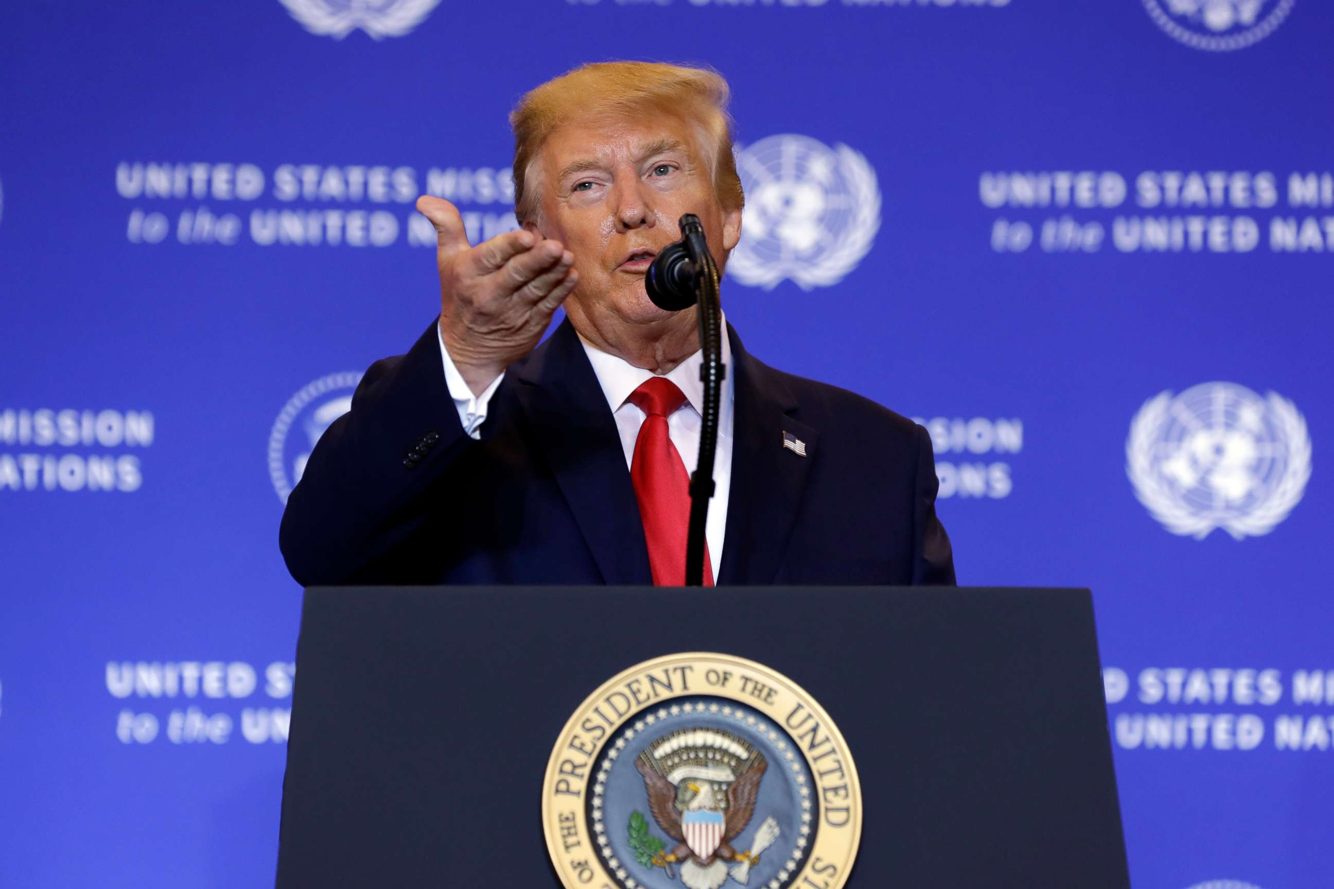 PHOTO: President Donald Trump holds a press conference in New York, Sept. 25, 2019, on the sidelines of the United Nations General Assembly.