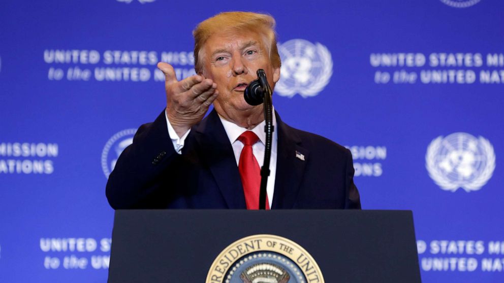 PHOTO: President Donald Trump holds a press conference in New York, Sept. 25, 2019, on the sidelines of the United Nations General Assembly.