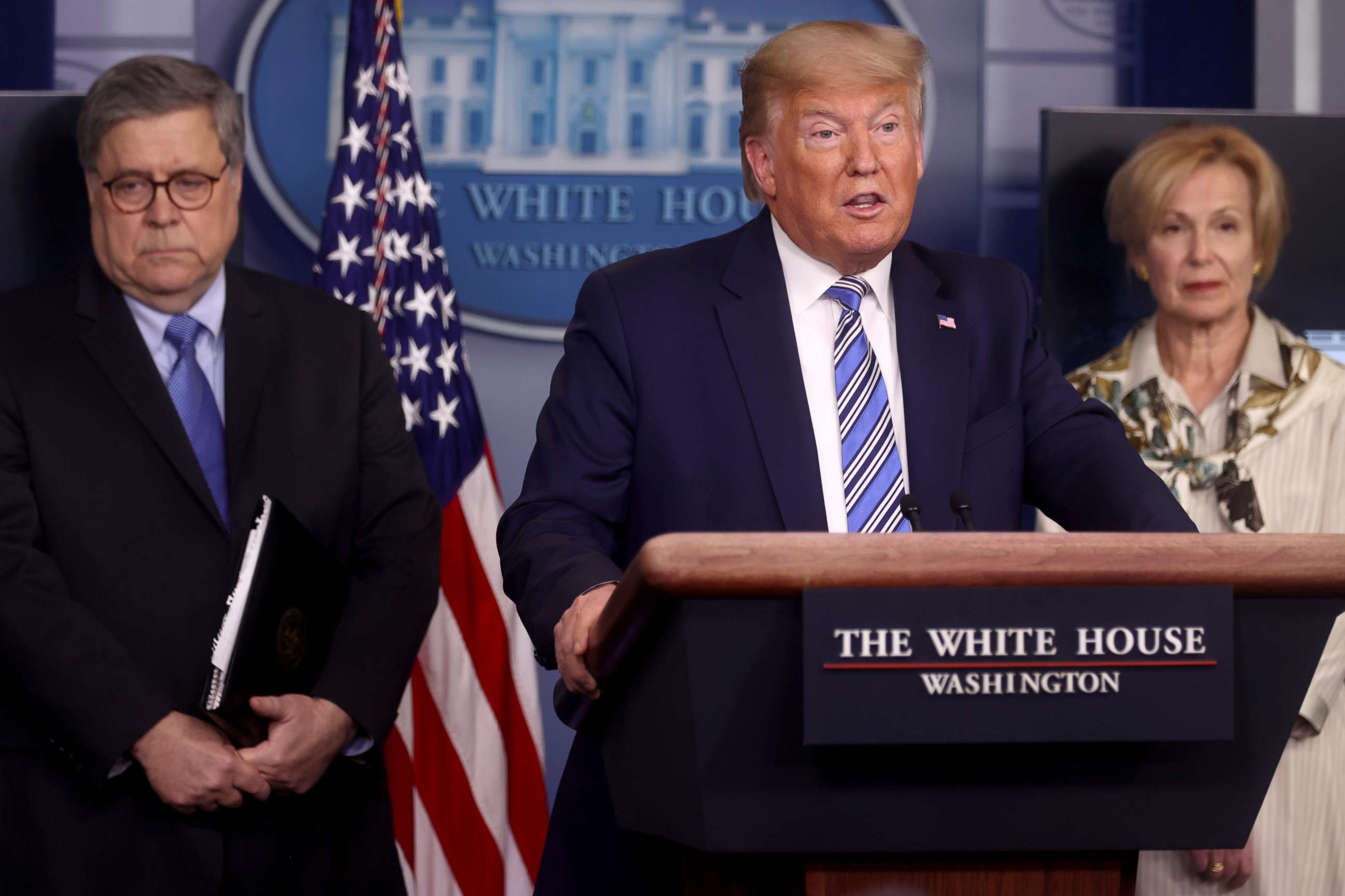 PHOTO: President Donald Trump addresses the coronavirus response daily briefing at the White House in Washington, March 23, 2020.