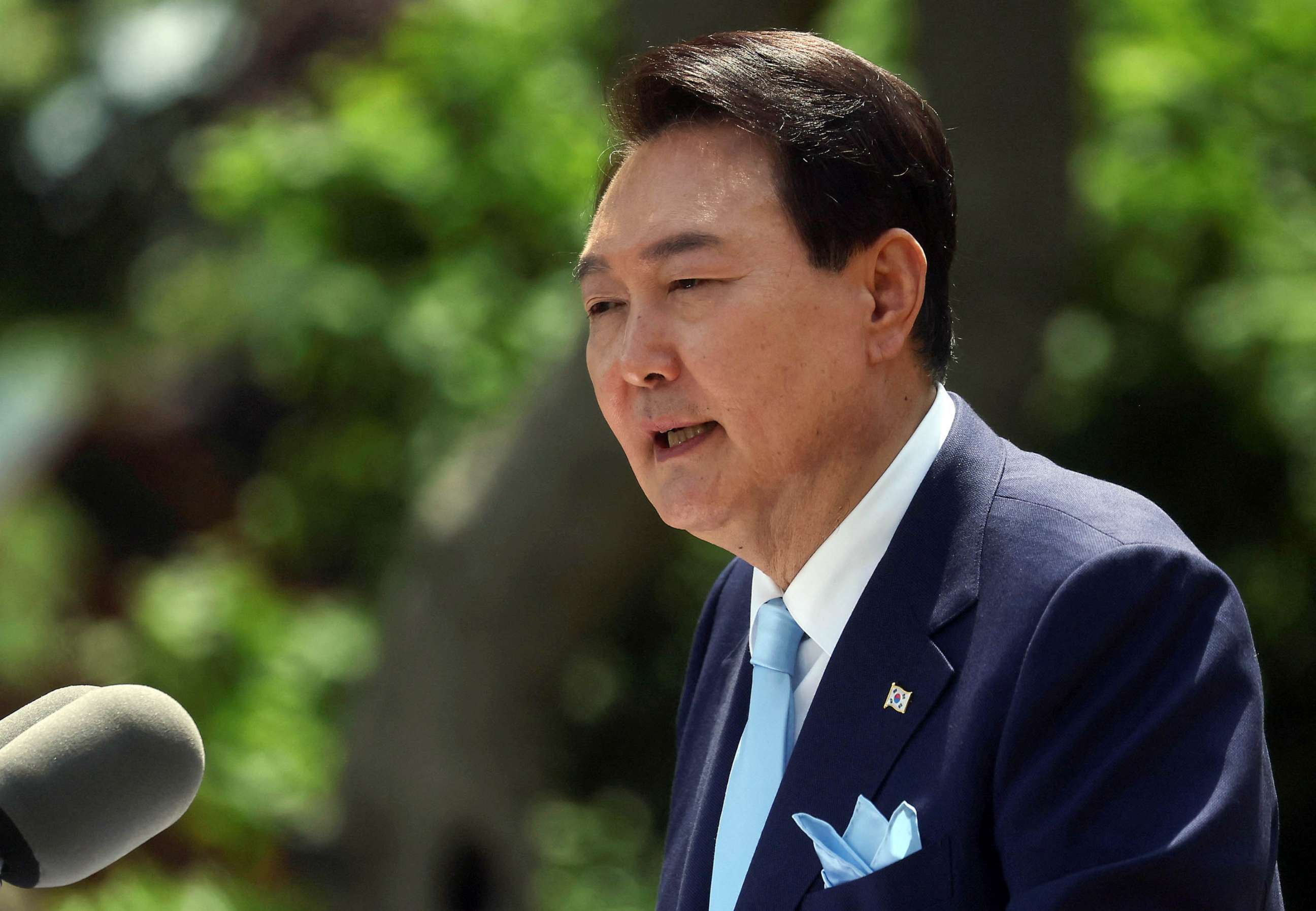 PHOTO: South Korea's President Yoon Suk Yeol speaks during a joint news conference with U.S. President Joe Biden in the Rose Garden of the White House in Washington, U.S. April 26, 2023.