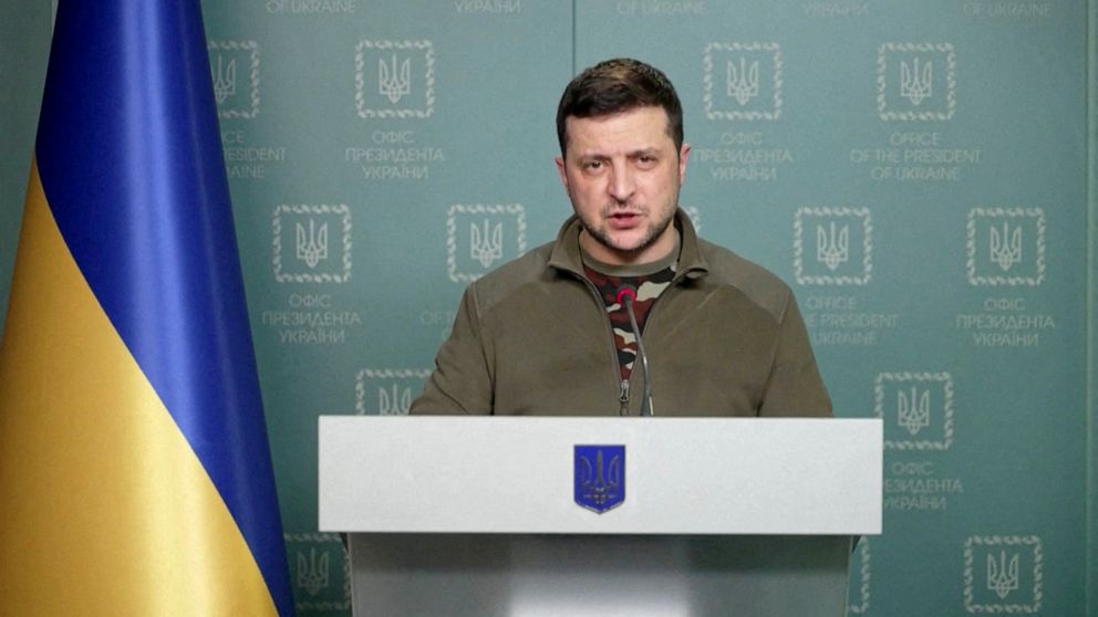 PHOTO: Ukrainian President Volodymyr Zelenskiy speaks during a video address in Kyiv, Ukraine, March 6, 2022.