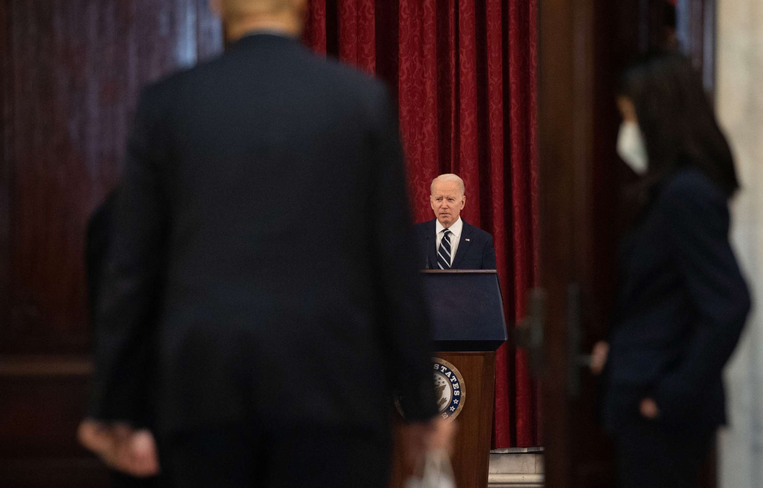 PHOTO: President Joe Biden speaks during a meeting with the Senate Democratic Caucus on Capitol Hill in Washington, Jan. 13, 2022.