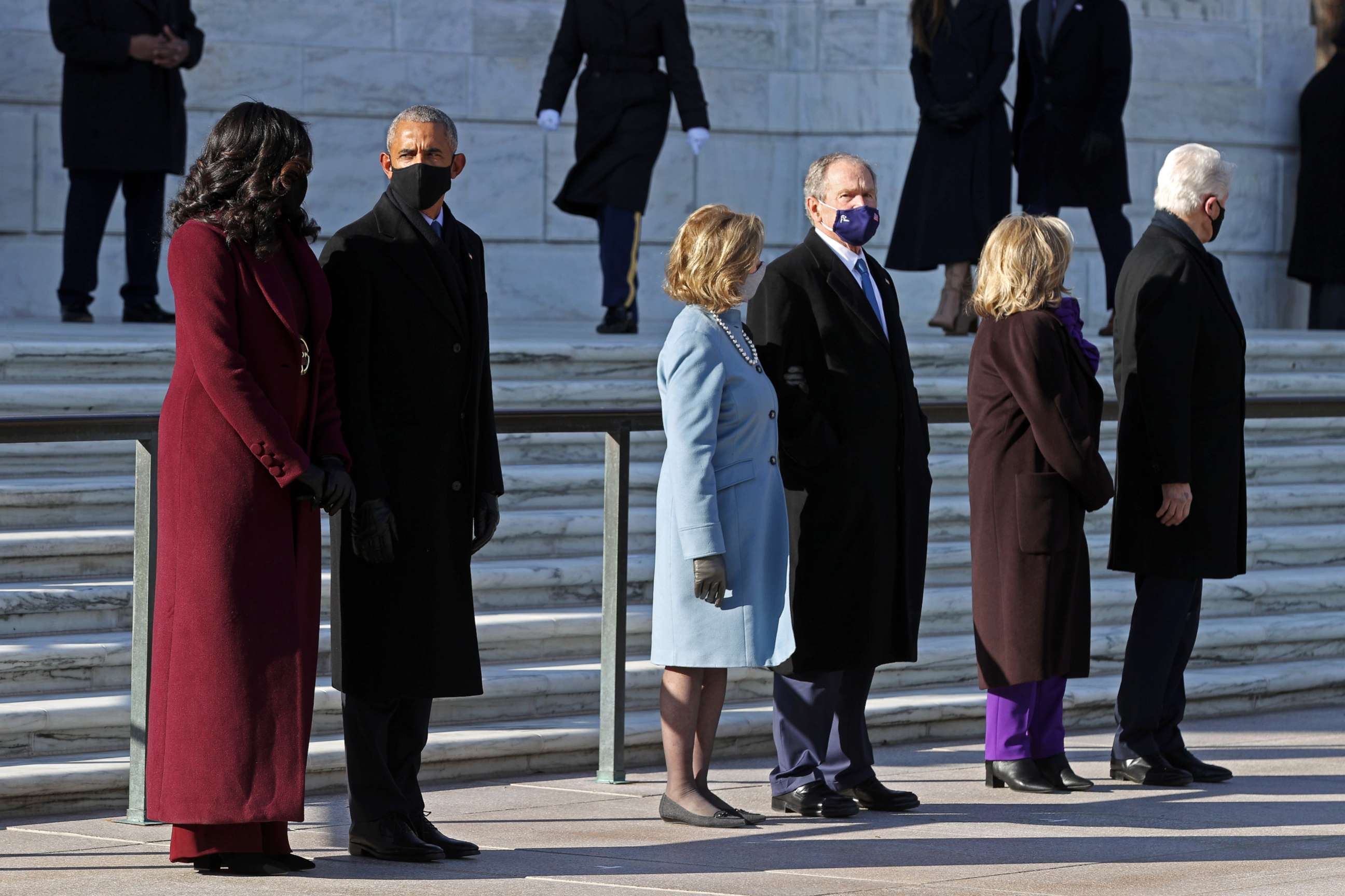 PHOTO: Former Presidents attend a wreath-laying ceremony at the Tomb of the Unknown Soldier, Jan. 20, 2021 at Arlington National Cemetery in Arlington, Virginia.
