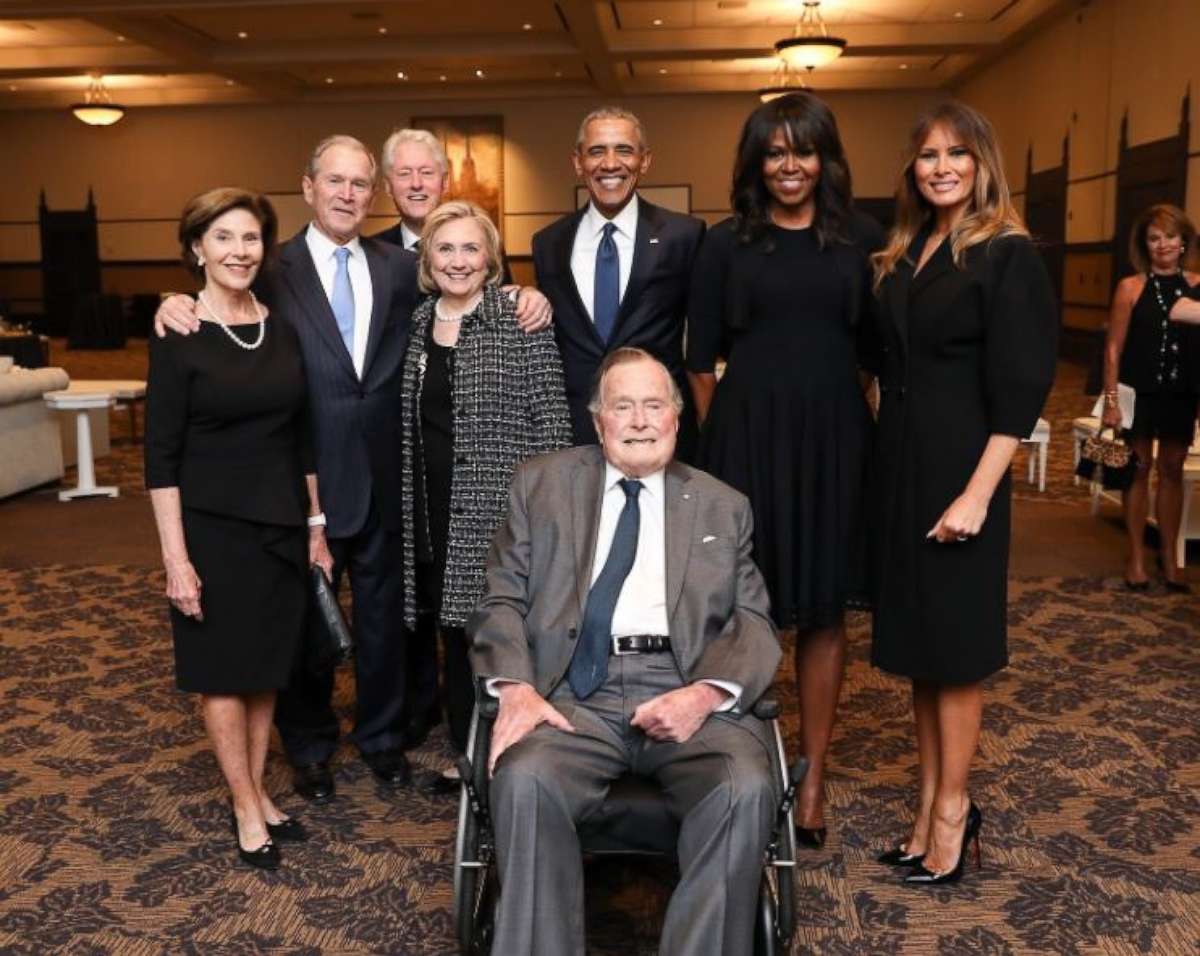 PHOTO: Former Presidents George W. Bush, Bill Clinton and Barack Obama, along with first ladies Laura Bush, Hillary Clinton, Michelle Obama and Melania Trump, pose for a photo with George H.W. Bush at the funeral of Barbara Bush on April 22, 2018.