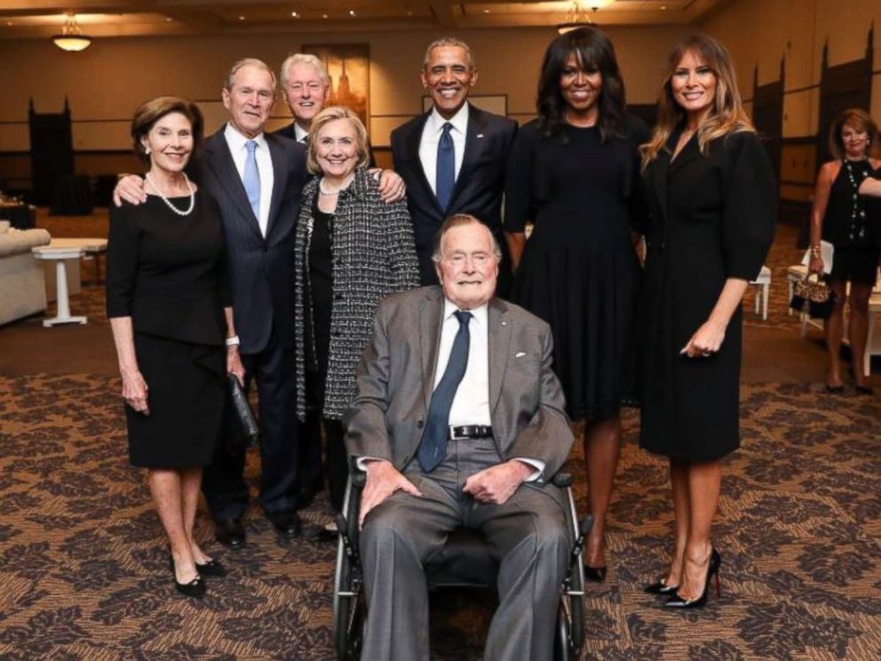 PHOTO: Former Presidents George W. Bush, Bill Clinton and Barack Obama, along with first ladies Laura Bush, Hillary Clinton, Michelle Obama and Melania Trump, pose for a photo with George H.W. Bush at the funeral of Barbara Bush on April 22, 2018.