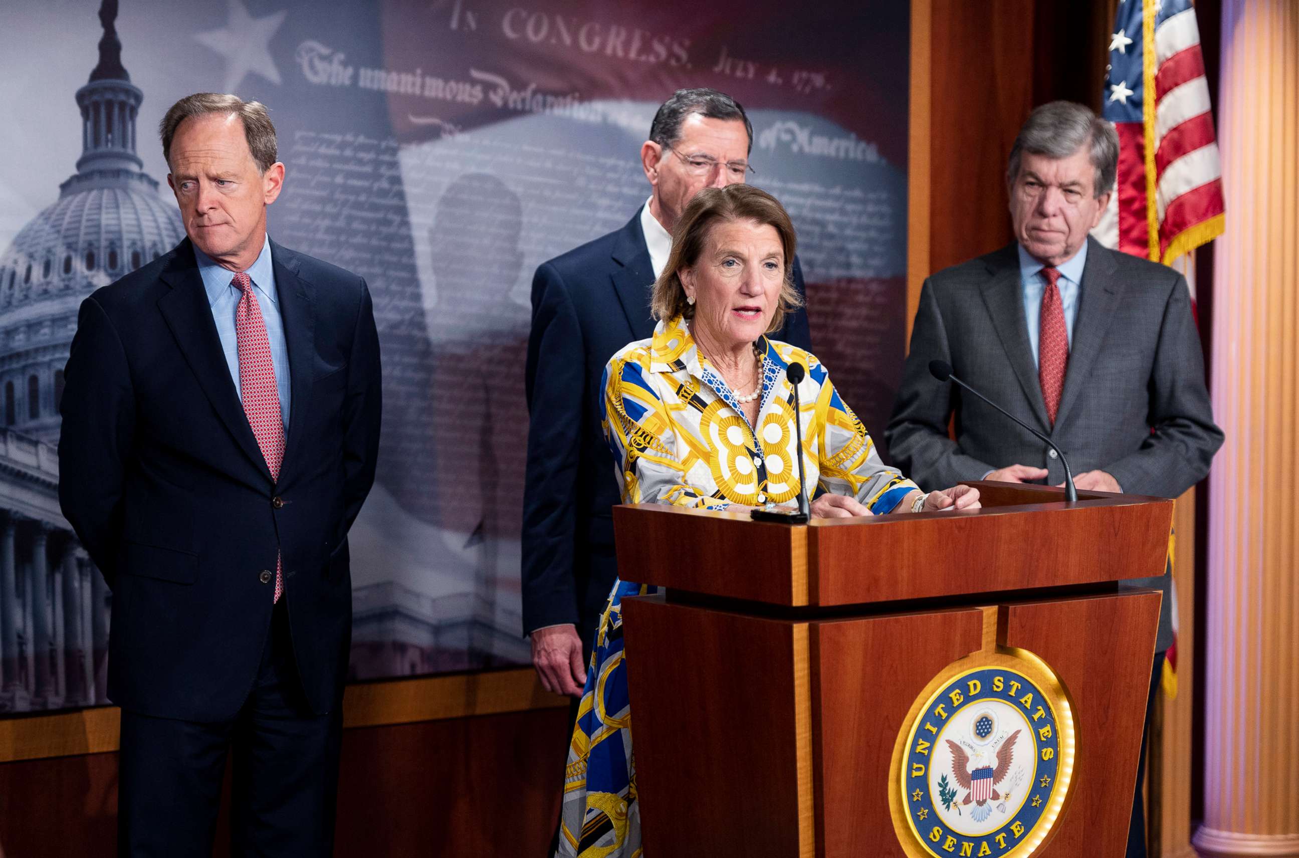 PHOTO: From left, Sen. Pat Toomey, Sen. Shelley Moore Capito, Sen. John Barrasso and Sen. Roy Blunt hold a news conference in the Capitol to announce the GOP infrastructure counteroffer, May 27, 2021.